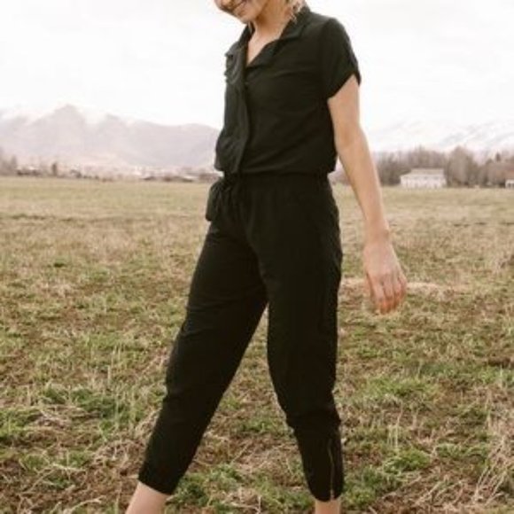 Albion Pants - Albion Womens Black Collar Jogger Jumpsuit Drawstring Black Size Small Petite